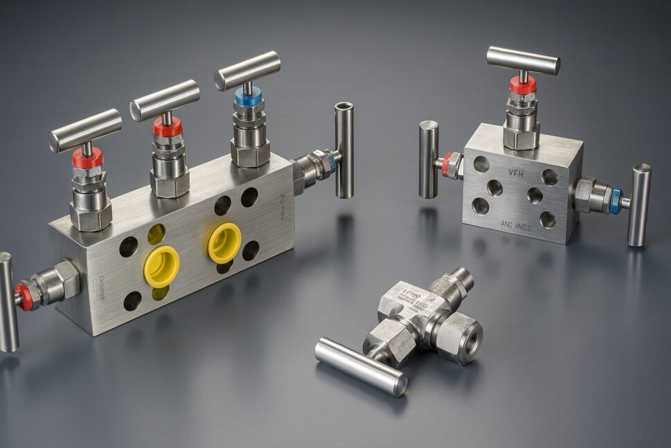 Stainless steel industrial valves and manifold fittings for precision fluid control