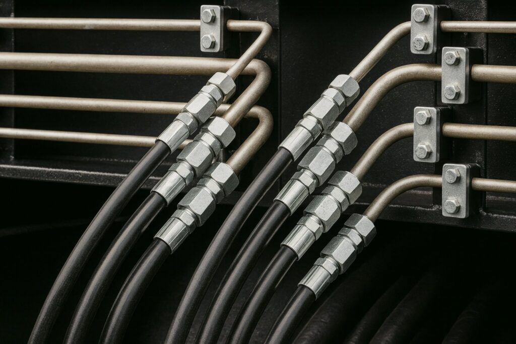 Hydraulic hoses and metal fittings connected to industrial machinery