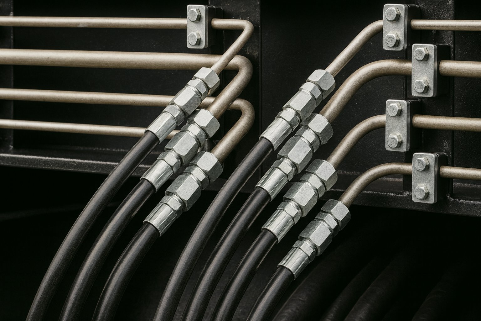 Hydraulic hoses and metal fittings connected to industrial machinery