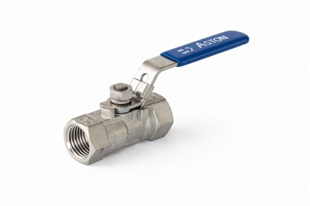 Stainless steel ball valve with blue lever handle and threaded ends