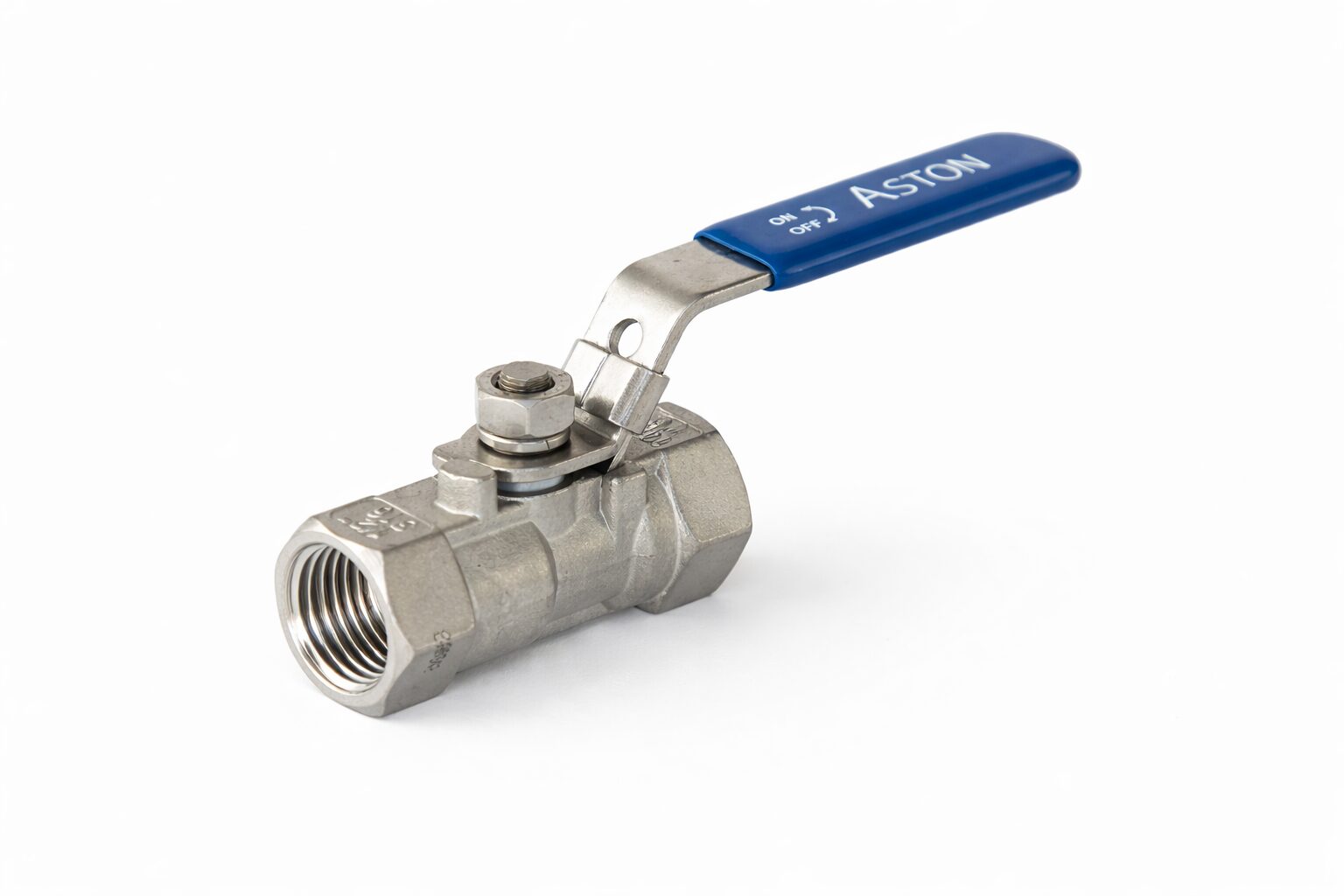 Stainless steel ball valve with blue lever handle and threaded ends