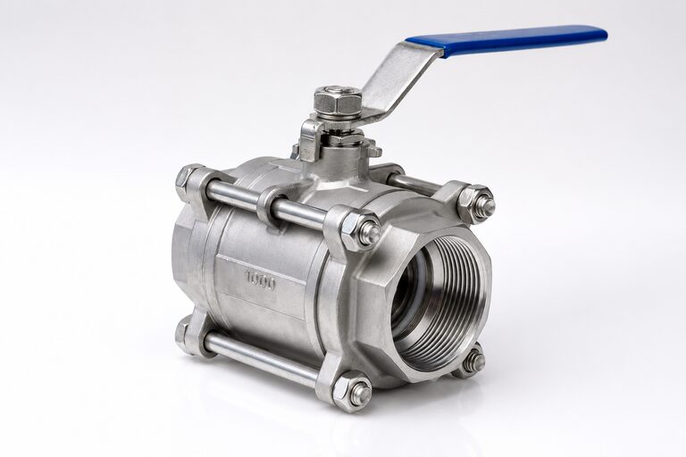 Stainless steel ball valve with blue handle on white background