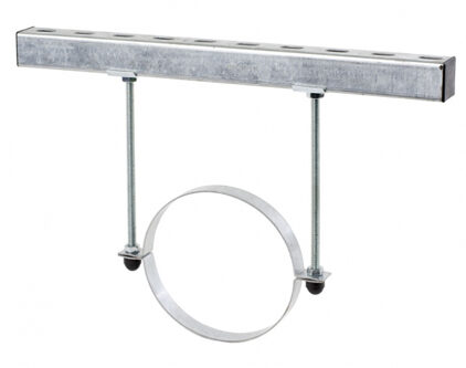 Galvanised pipe support bracket with circular clamp and threaded suspension rods