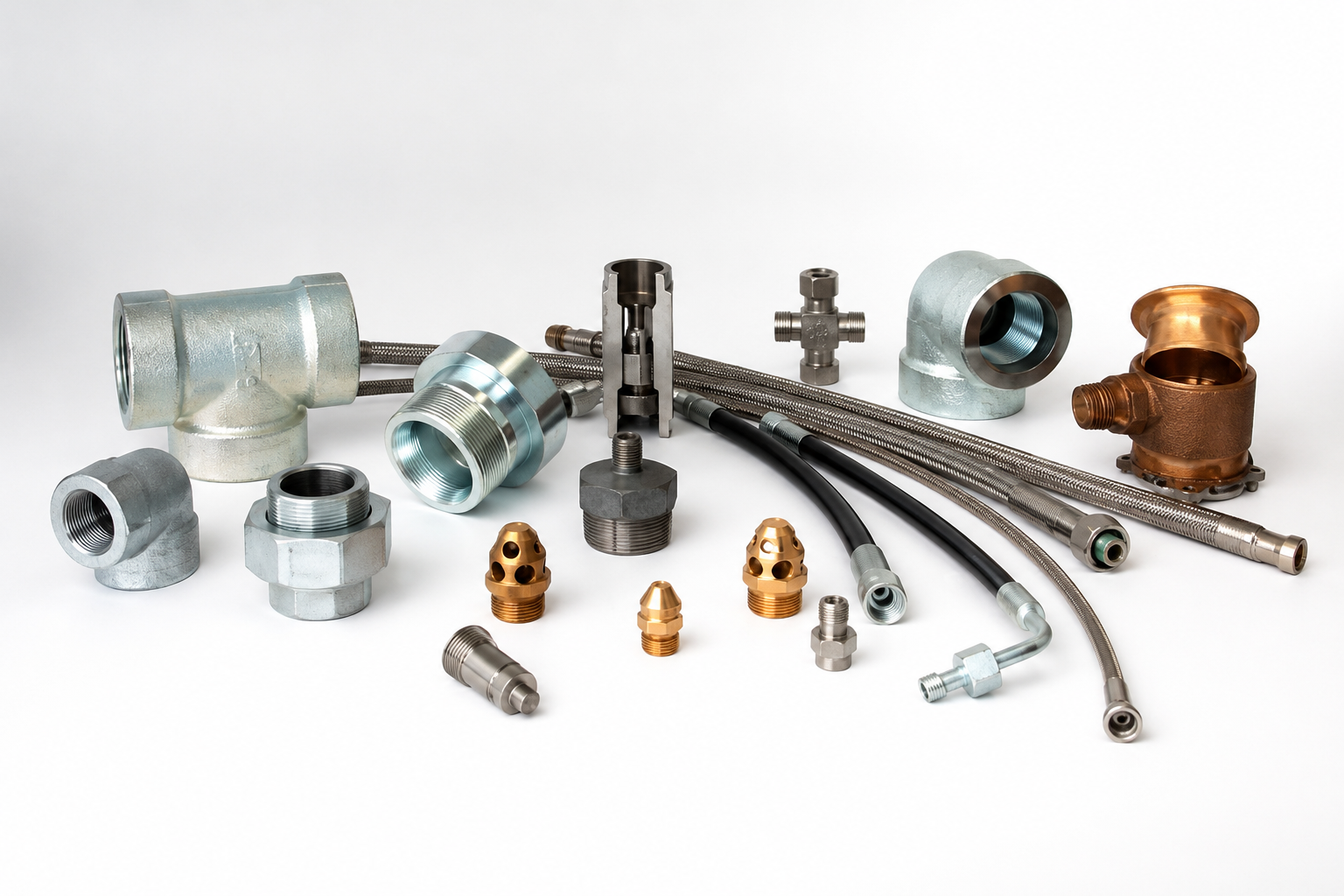 Selection of industrial pipe fittings, flexible hoses, connectors and metal components